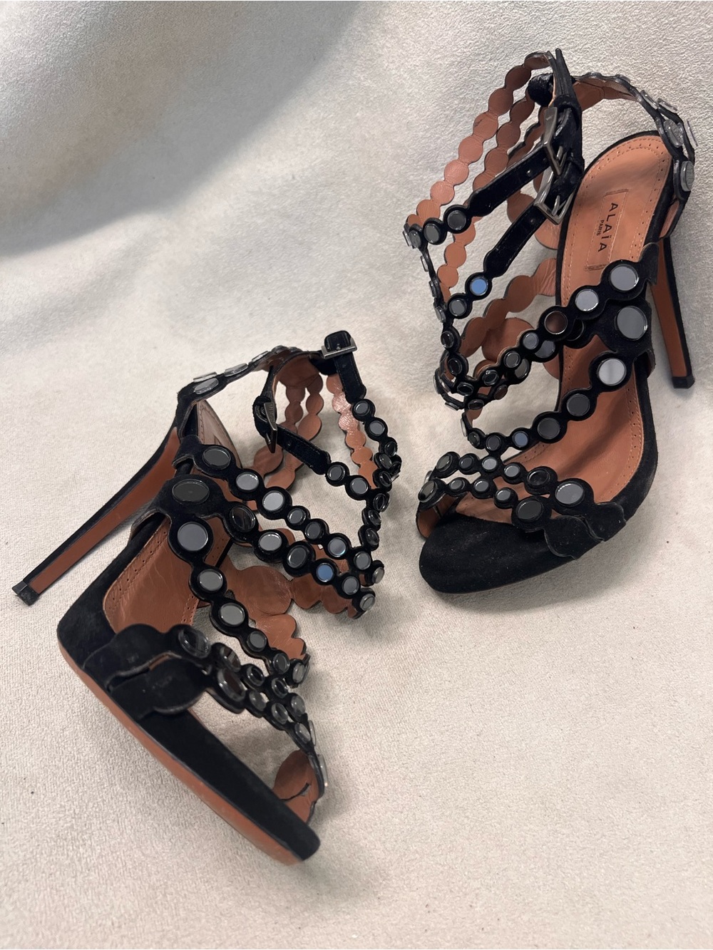 Alaia Mirrored High Heel Sandals with Circular Embellishments